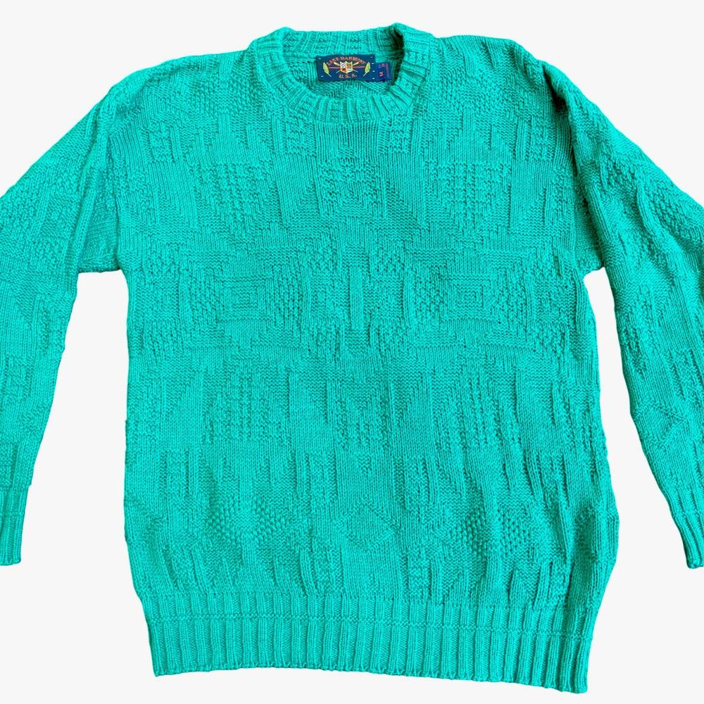 VTG Lake Harmony Sweater M Green Textured Knit Crewneck USA Made Cotton Preppy - Picture 4 of 10